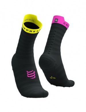 Sosete Alergare Compressport Pro Racing Socks v4.0 Ultralight Run High Barbati Negrii Galbeni Roz | 309681-XJH