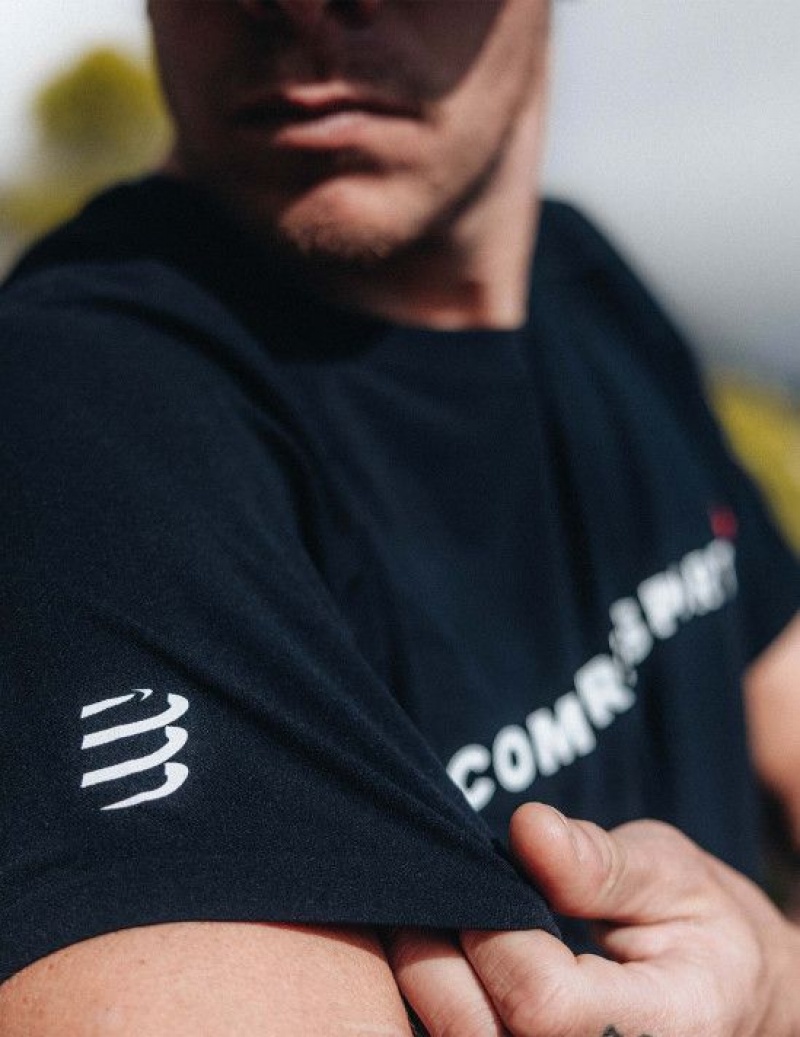 Cămăși De Alergare Compressport Antrenament SS Logo Tshirt M Barbati Negrii | 936048-LUM