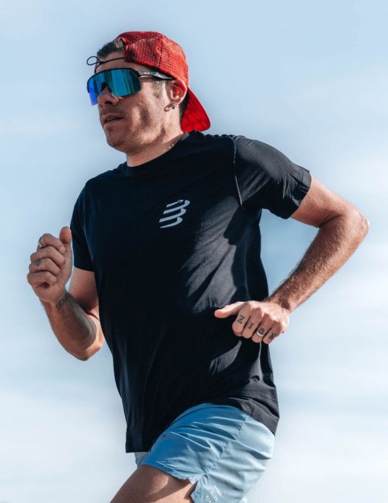 Cămăși De Alergare Compressport Performance SS Tshirt M Barbati Negrii Albi | 403978-HVR