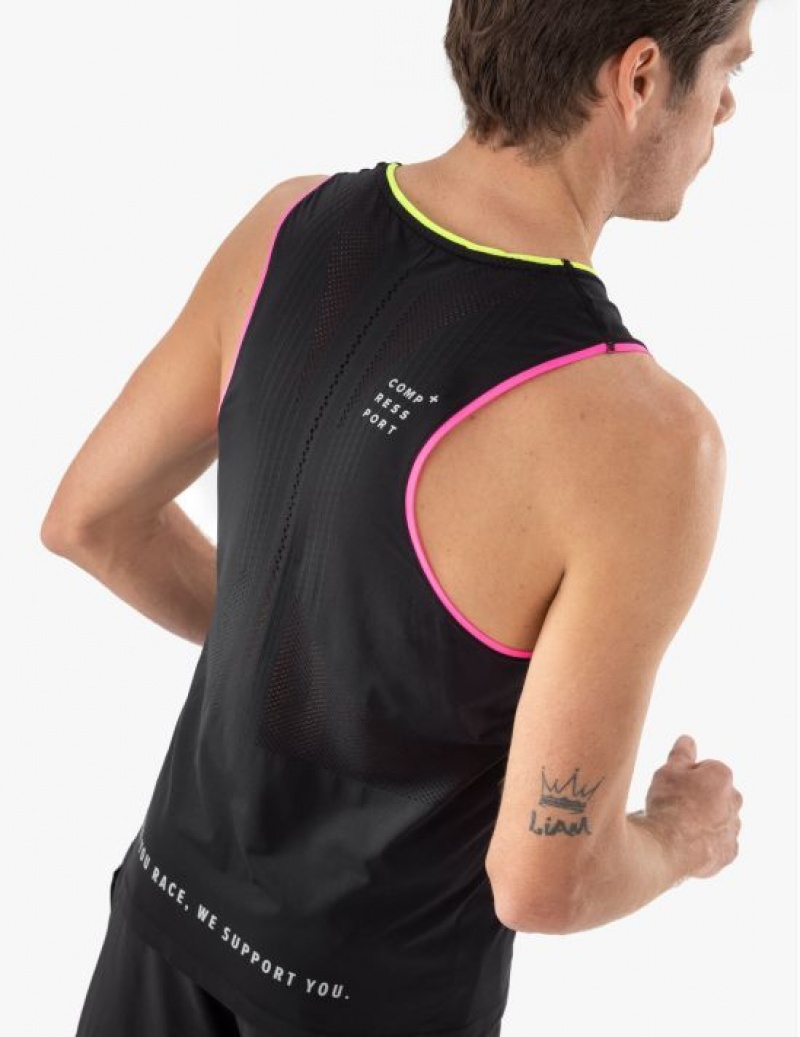 Cămăși De Alergare Compressport Pro Racing Singlet M Barbati Negrii Galbeni Roz | 410857-KEU