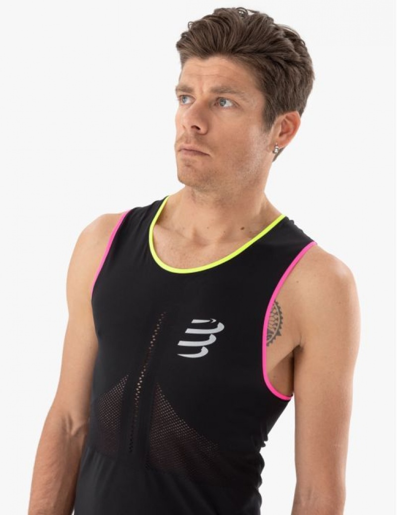 Cămăși De Alergare Compressport Pro Racing Singlet M Barbati Negrii Galbeni Roz | 410857-KEU