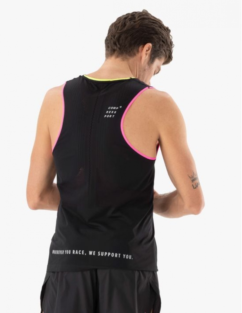 Cămăși De Alergare Compressport Pro Racing Singlet M Barbati Negrii Galbeni Roz | 410857-KEU