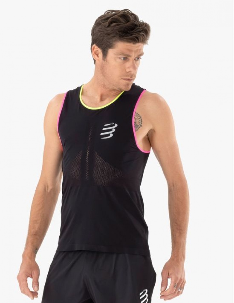 Cămăși De Alergare Compressport Pro Racing Singlet M Barbati Negrii Galbeni Roz | 410857-KEU